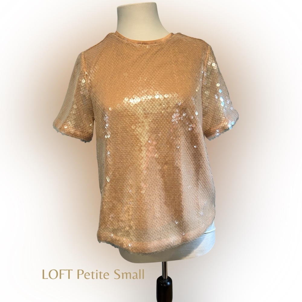 LOFT Cream Gold Sequin T-Shirt Petite Small Short Sleeve Shimmery